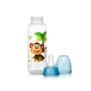 250 ml baby feeding bottle with blue cap and cross-cut silicone teat