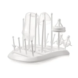 White baby bottle drying rack with multiple drying posts for bottles, nipples and accessories
