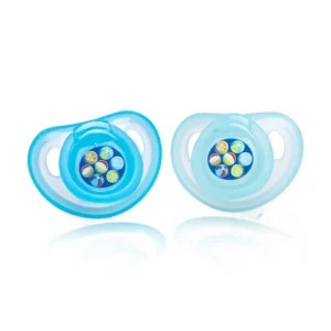 Cherry silicone dummies in blue with colourful decorative designs