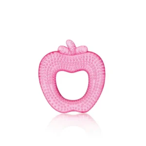 Pink apple-shaped cooling teether with textured surface for soothing babies' gums
