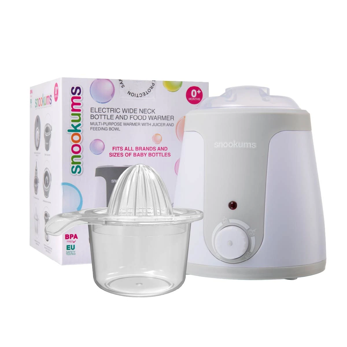 Snookums electric wide-neck bottle and food warmer with feeding bowl and packaging
