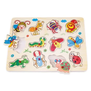 Kids bugs wooden peg puzzle with 12 colourful insect pieces