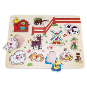 11-piece wooden farm animal peg puzzle for toddlers with colourful animal pieces