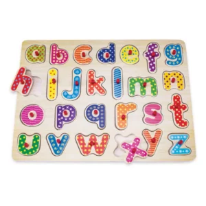 26-piece wooden alphabet peg puzzle with colourful letters for early learning