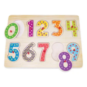 Kids wooden number peg puzzle with colourful numbers 0 to 9