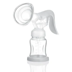 Clear manual breast pump with ergonomic handle and bottle