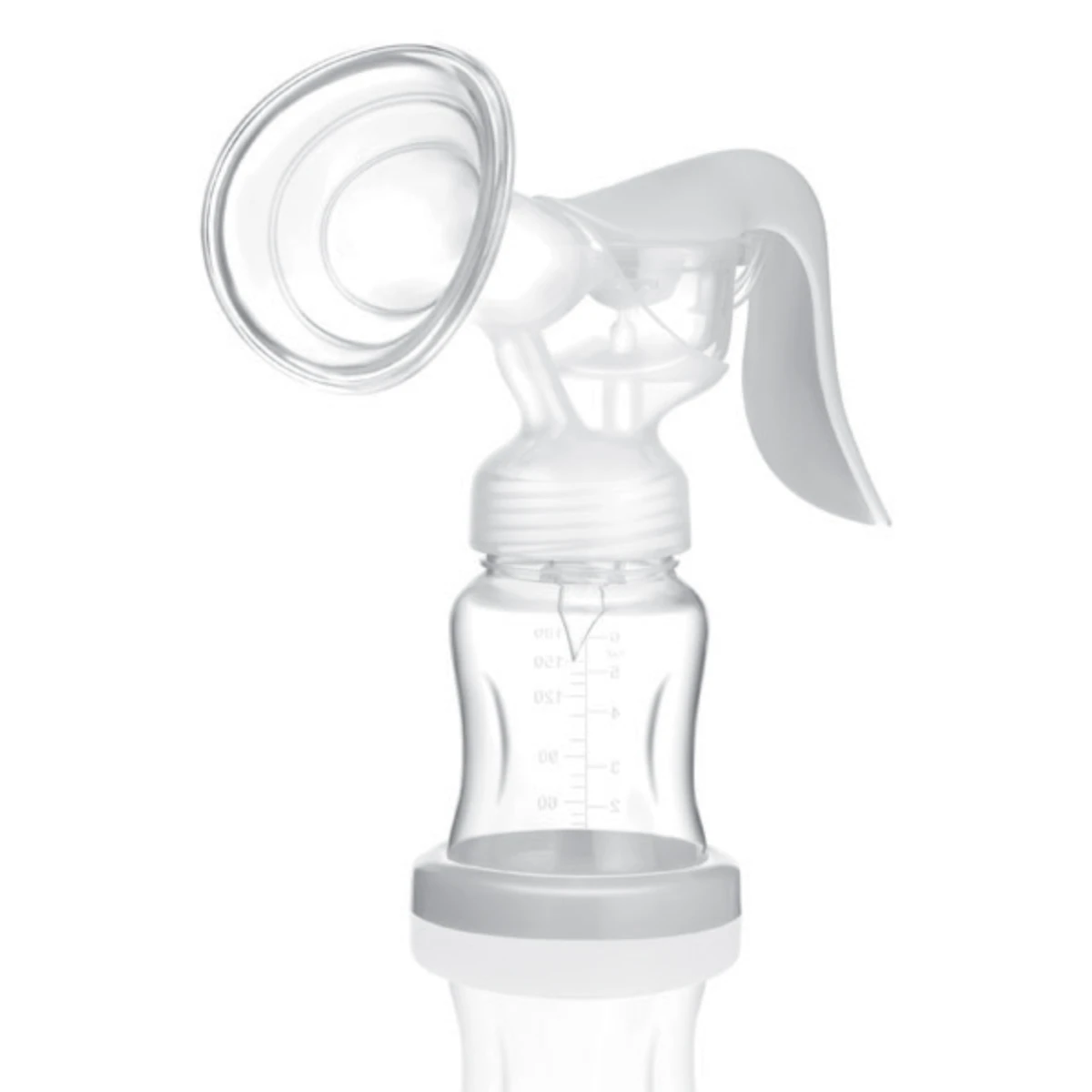 Clear manual breast pump with ergonomic handle and bottle