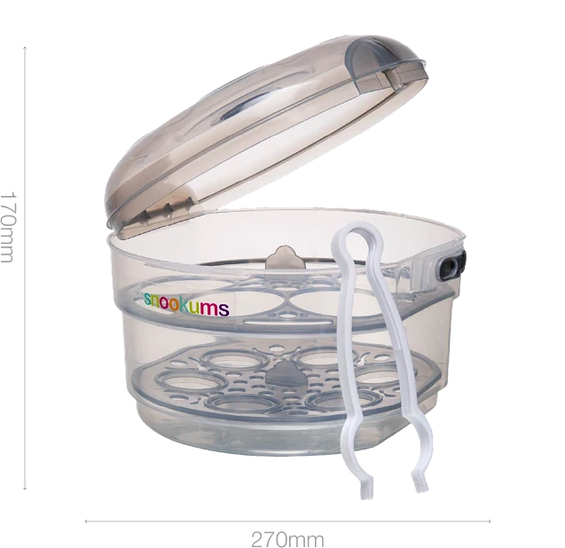 Snookums electric baby bottle steriliser with transparent lid and removable trays